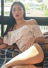Ladyboy Lisa can't keep her hands off her tits and ass then her hands rocks her cock feeling the rise of sensation to a juicy orgasm!